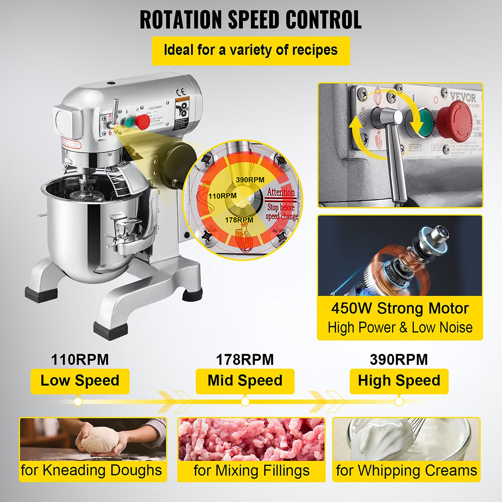 VEVOR 450 W 3 Speed 10 Qt Food Mixer Dough Mixer 304 Stainless Steel 10-Quart Commercial/Residential Bowl-lift Stand Mixer