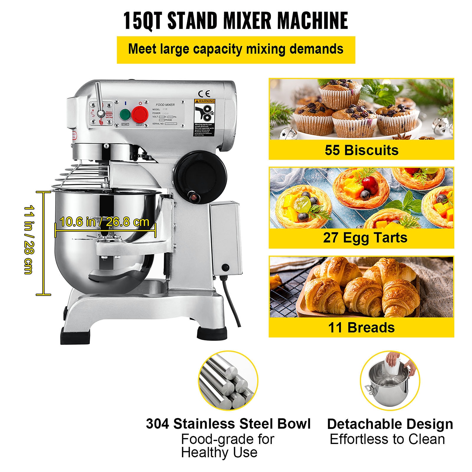 VEVOR 600 W 3 Speed 15 Qt Food Mixer Dough Mixer 304 Stainless Steel 15-Quart Commercial/Residential Bowl-lift Stand Mixer