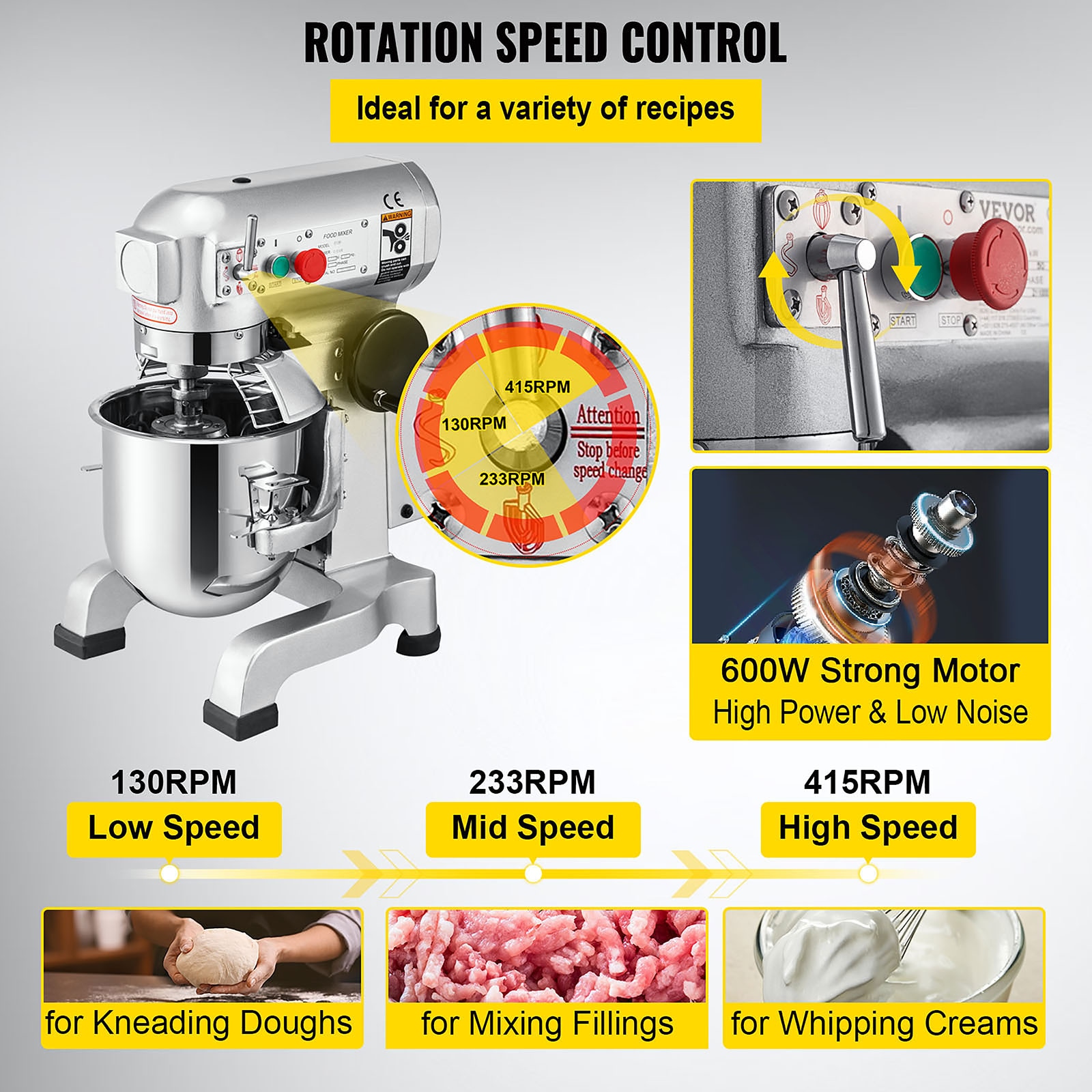 VEVOR 600 W 3 Speed 15 Qt Food Mixer Dough Mixer 304 Stainless Steel 15-Quart Commercial/Residential Bowl-lift Stand Mixer