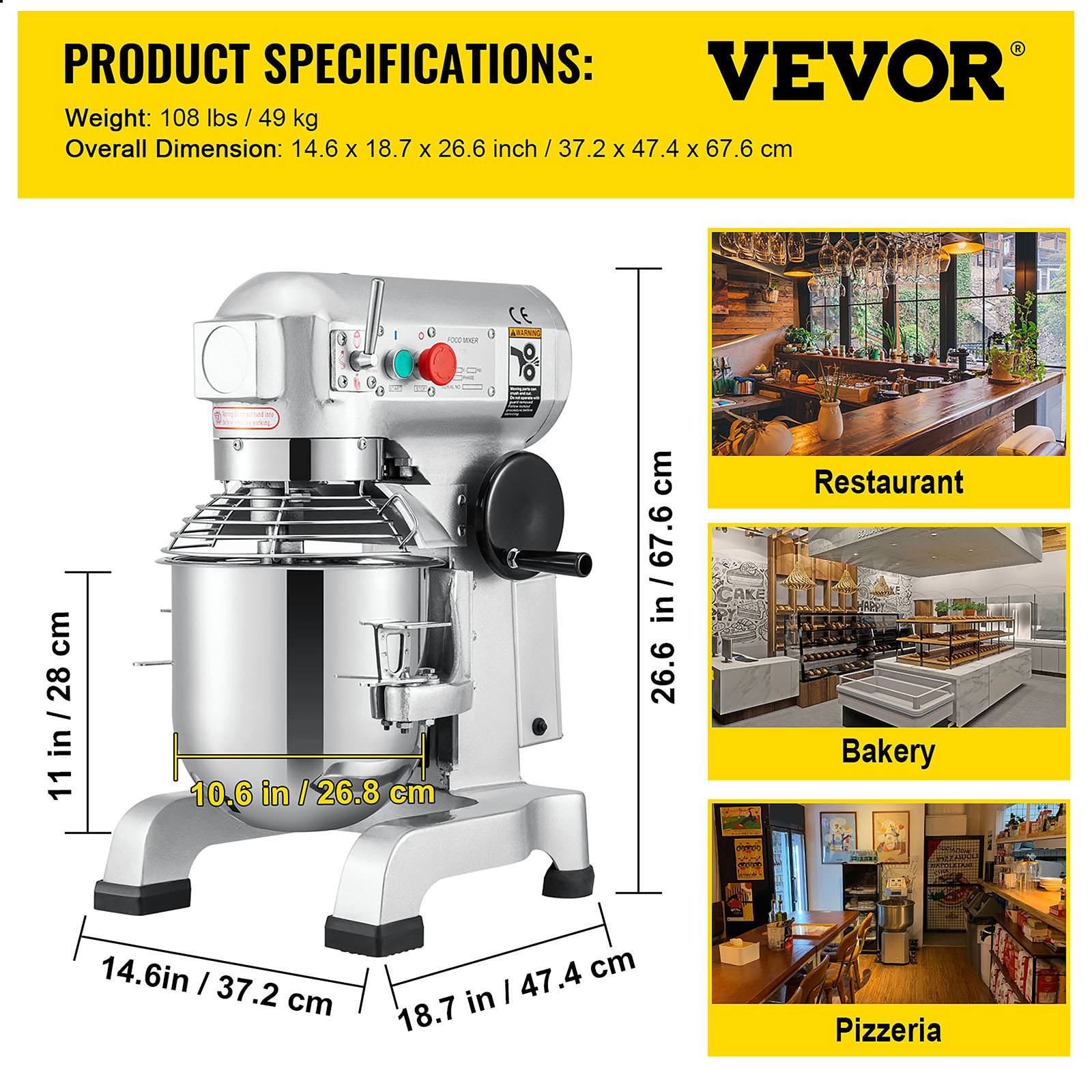 VEVOR 600 W 3 Speed 15 Qt Food Mixer Dough Mixer 304 Stainless Steel 15-Quart Commercial/Residential Bowl-lift Stand Mixer