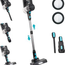 EyeVac Reach 6-in-1 Cordless Stick Vacuum, Rechargeable with LED Lights, 35-Min Runtime, Brushless Motor, Powerful Suction, 5-Stage Filtration (Black with Turquoise)