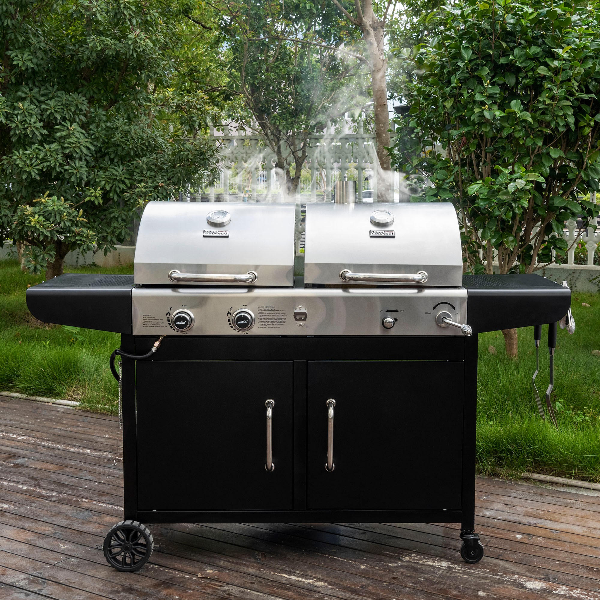 Royal Gourmet Cabinet Style Dual Fuel Series Silver Black Liquid propane and charcoal Combo Grill