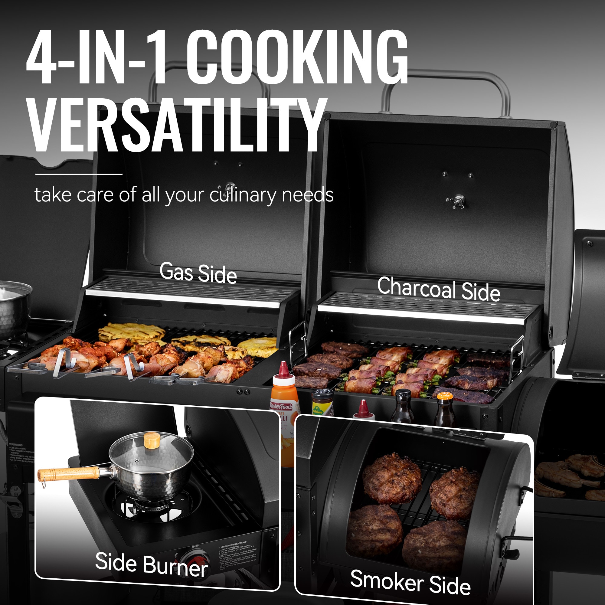 Royal Gourmet 4 in 1 with Offset Smoker and Side Burner Black Liquid propane and charcoal Combo Grill 1 -Side Burners