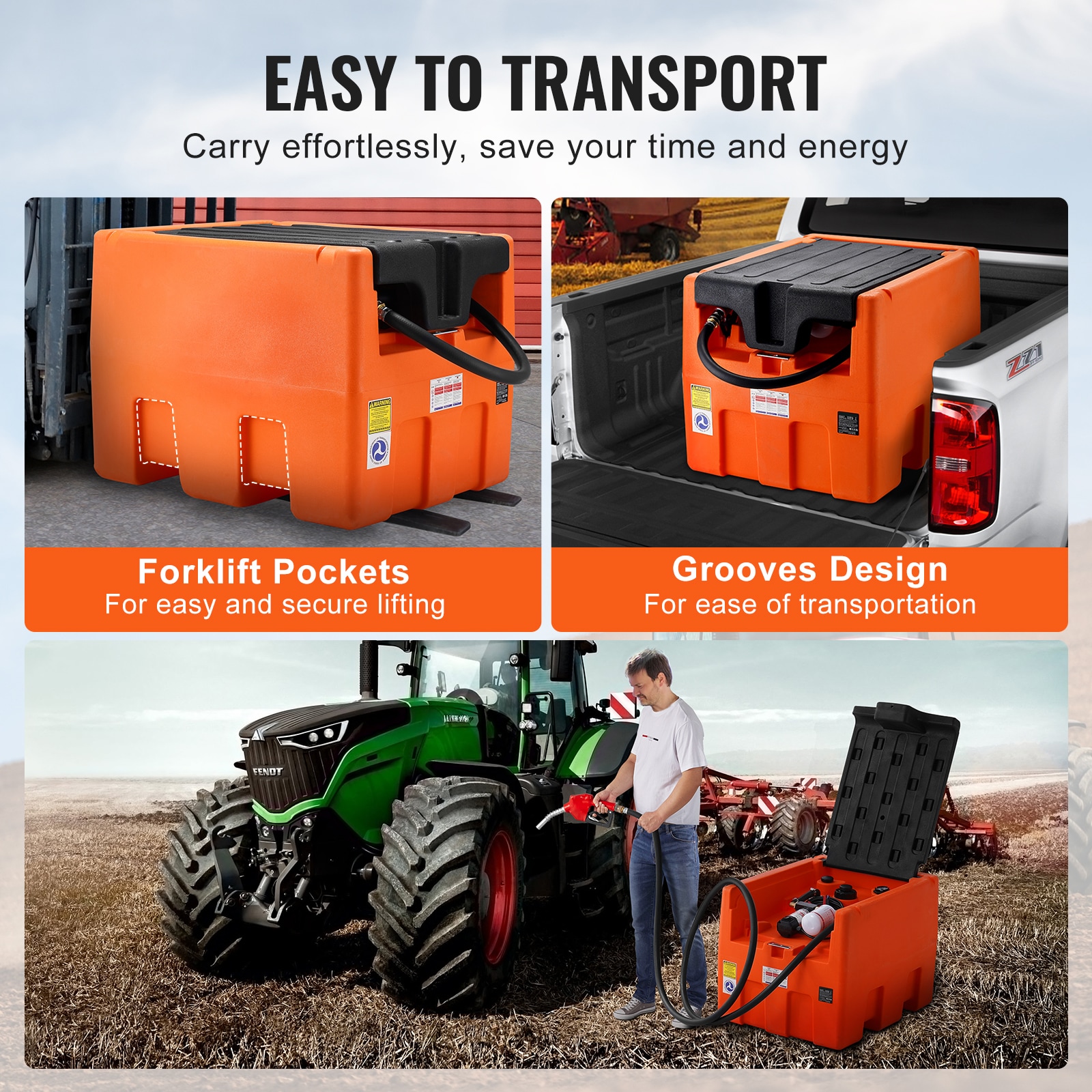 VEVOR Portable Diesel Tank 48 Gallon 10.6GPM Flow Rate Diesel Fuel Tank with 12V Electric Transfer Pump 13.1 ft Hose Auto Fueling Nozzle Diesel Transfer Tank for Easy Fuel Transportation Orange