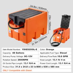 VEVOR Portable Diesel Tank 48 Gallon 10.6GPM Flow Rate Diesel Fuel Tank with 12V Electric Transfer Pump 13.1 ft Hose Auto Fueling Nozzle Diesel Transfer Tank for Easy Fuel Transportation Orange