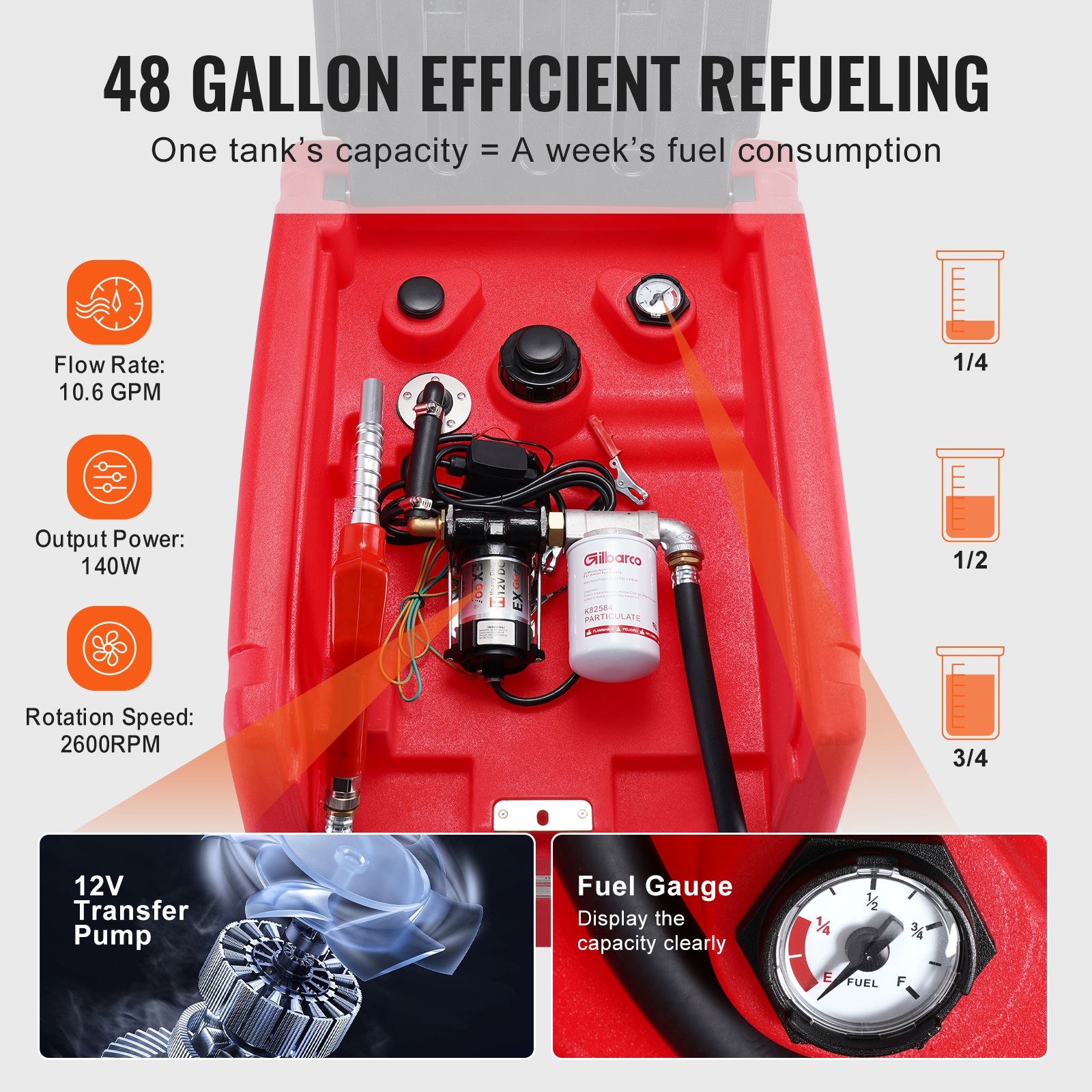 VEVOR Portable Diesel and Gasoline Tank 48 Gallon 10.6GPM Flow Rate Diesel Fuel Tank with 12V Electric Transfer Pump 13.1ft Hose Auto Fueling Nozzle Transfer Tank for Easy Fuel Transportation Red