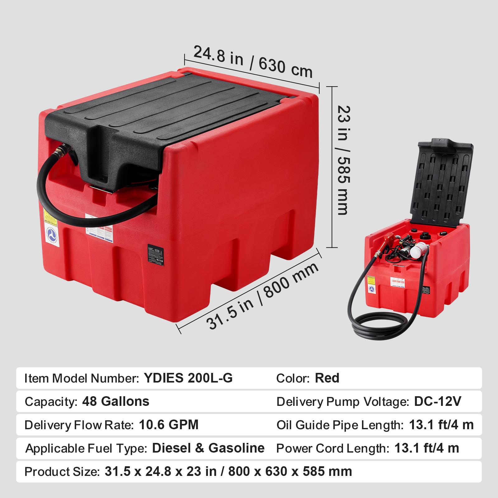 VEVOR Portable Diesel and Gasoline Tank 48 Gallon 10.6GPM Flow Rate Diesel Fuel Tank with 12V Electric Transfer Pump 13.1ft Hose Auto Fueling Nozzle Transfer Tank for Easy Fuel Transportation Red