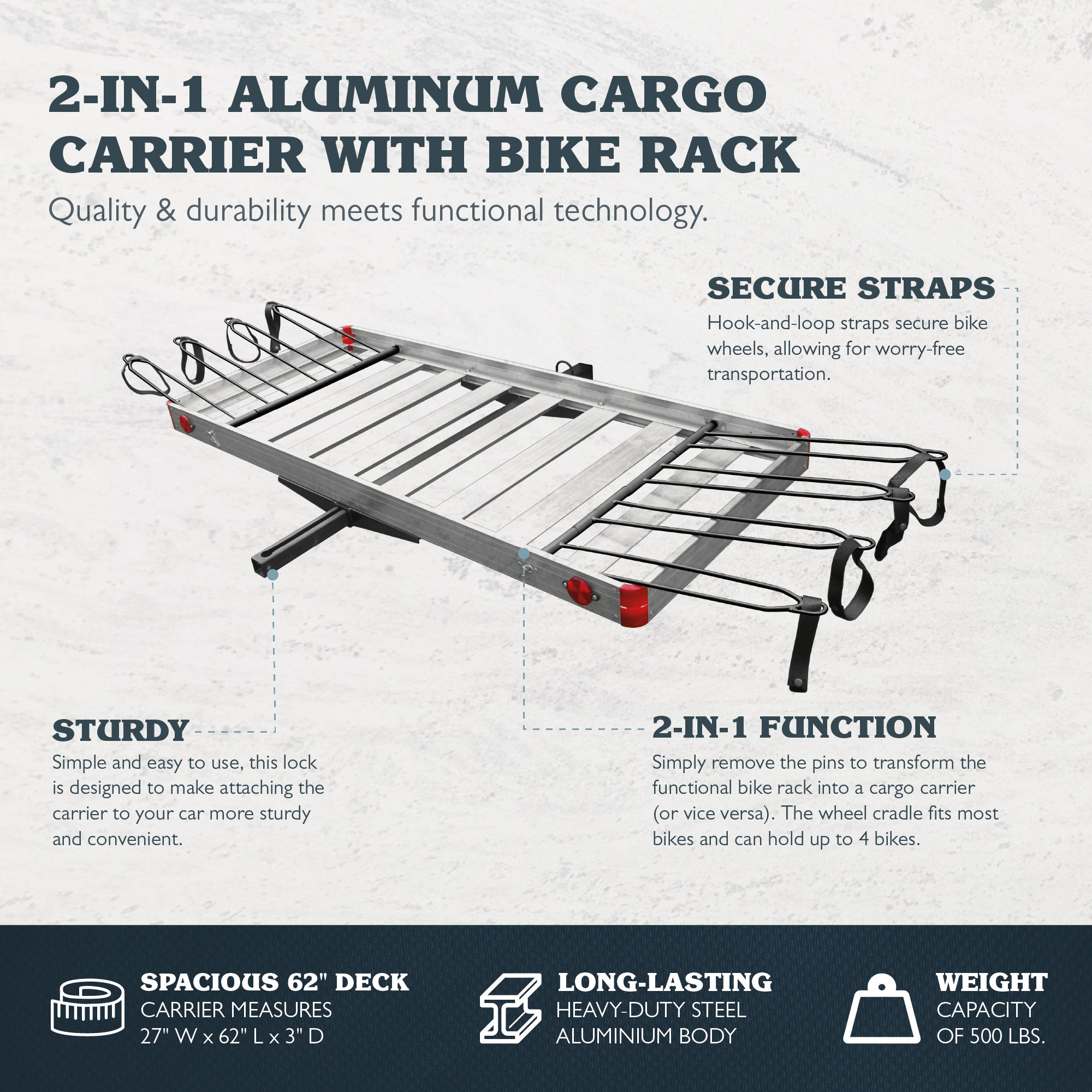 Tow Tuff TTF 2762ACBR Heavy Duty 2 in 1 Aluminum Cargo Carrier with Bike Rack