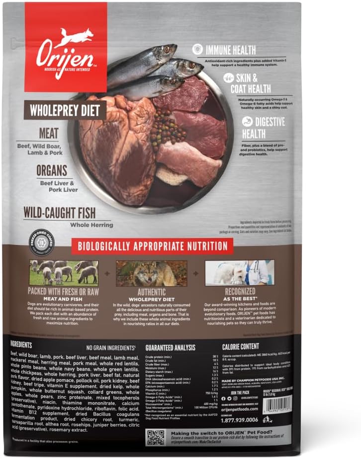 ORIJEN Grain Free Poultry Free High Protein Dry Dog Food Regional Red Recipe 13lb Bag