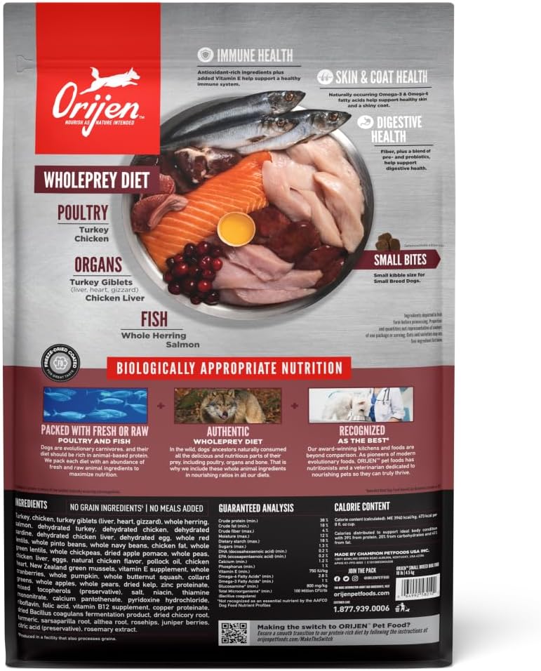 ORIJEN Grain Free High Protein Dry Dog Food Small Breed Recipe 10lb Bag