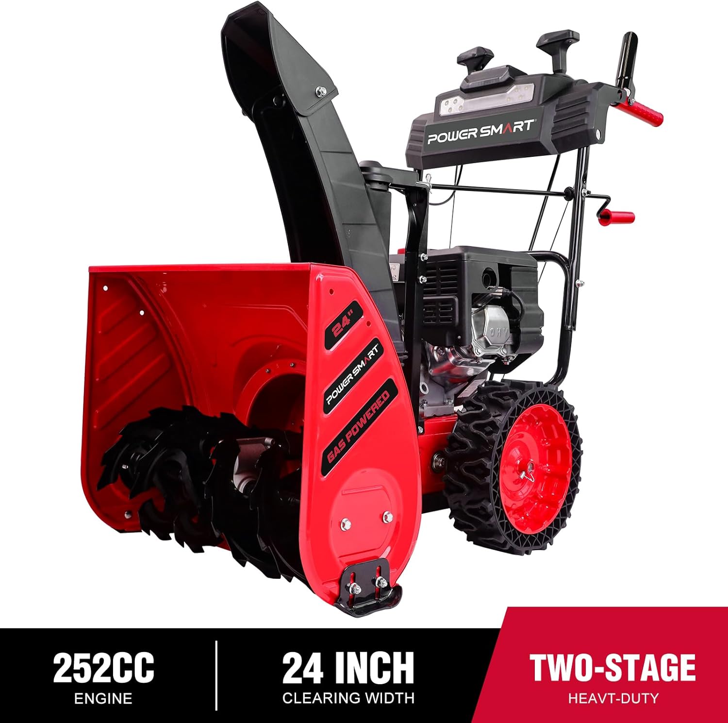 PowerSmart Snow Blower Gas Powered 24 in. 252cc OHV Engine with Eletric Start, 13 in. Airless Tires, Self-Propelled Two-Stage Snowblower