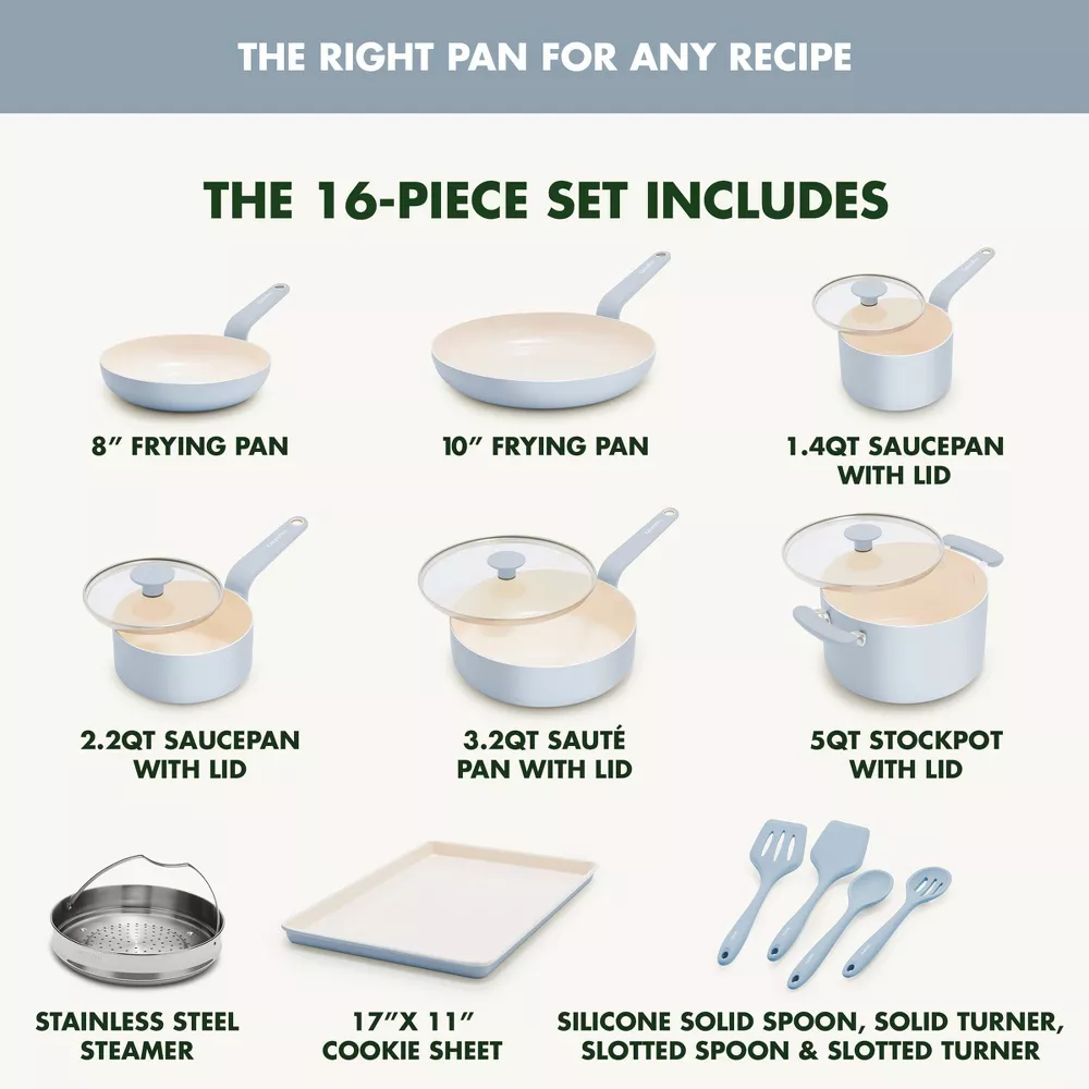 GreenPan Rio Advanced 16pc Ceramic Nonstick Cookware Set, Stardew Blue