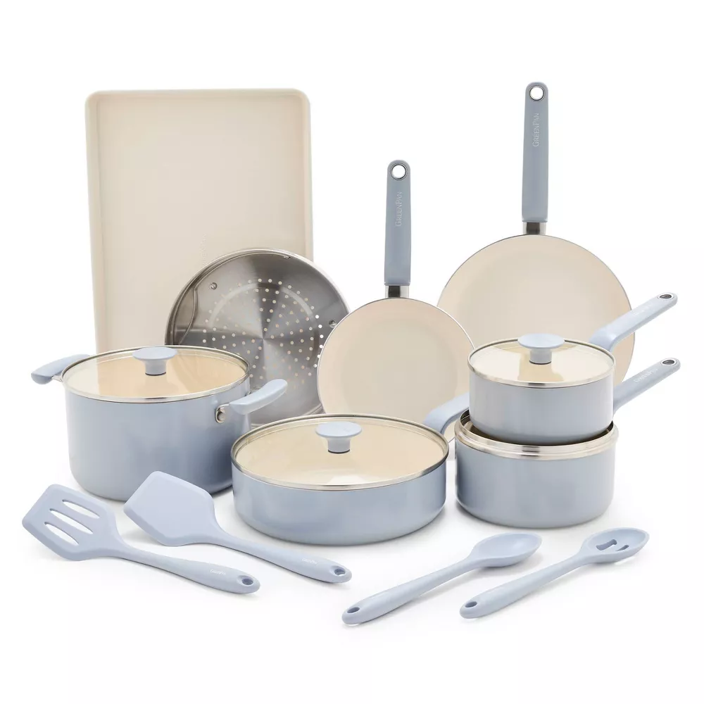 GreenPan Rio Advanced 16pc Ceramic Nonstick Cookware Set, Stardew Blue