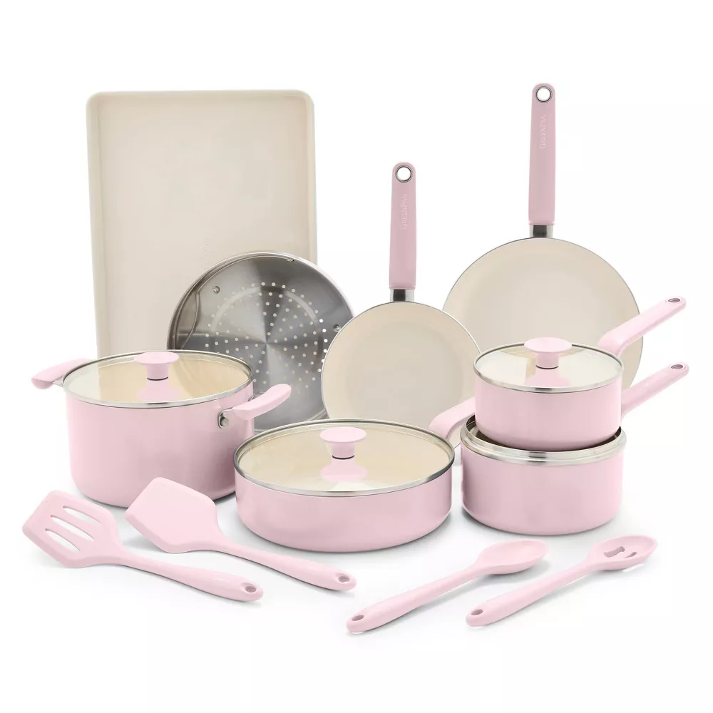 GreenPan Rio Advanced 16pc Ceramic Nonstick Cookware Set, Pink
