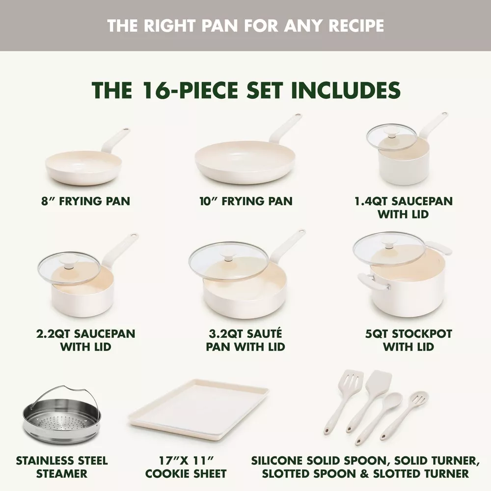 GreenPan Rio Advanced 16pc Ceramic Nonstick Cookware Set, Cream