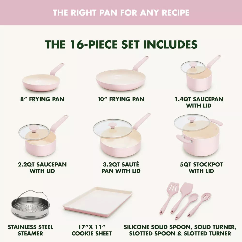 GreenPan Rio Advanced 16pc Ceramic Nonstick Cookware Set, Pink