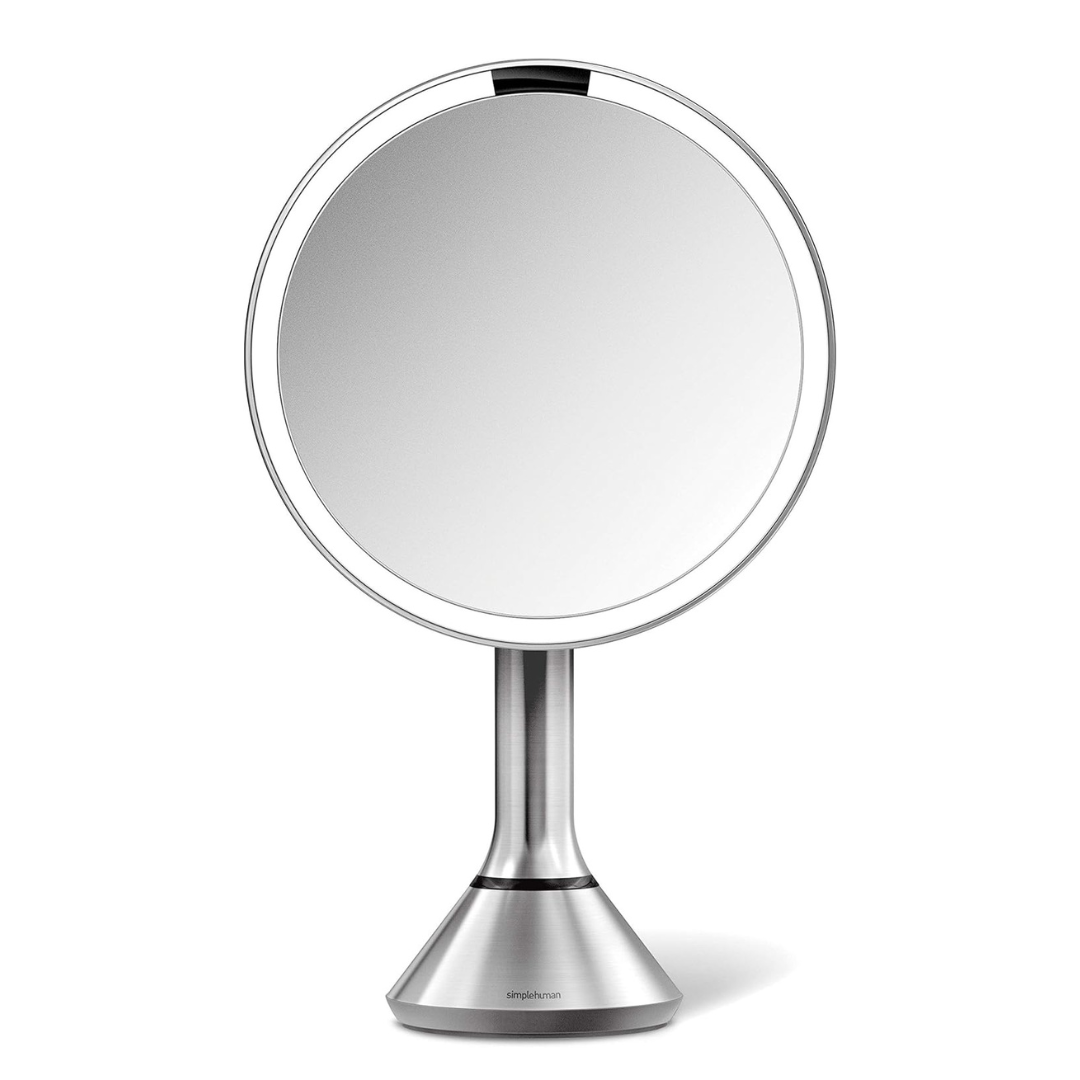simplehuman 8" Round Sensor Makeup Mirror with Touch-Control Dual Light Settings, 5x Magnification, Rechargeable and Cordless, Brushed Stainless Steel