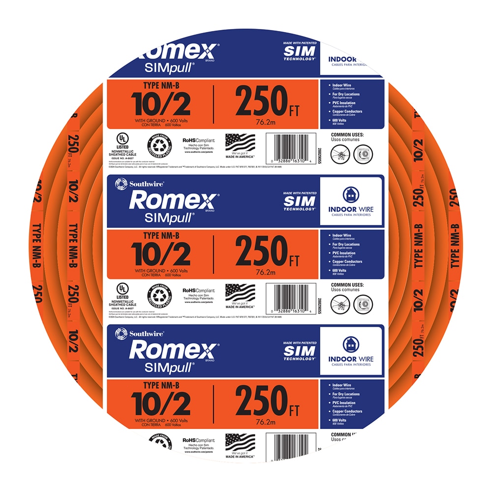 Southwire 250-Feet 10 / 2 / Romex SIMpull Solid Indoor CU NM-B W/G Individual pack ( By-the-roll )