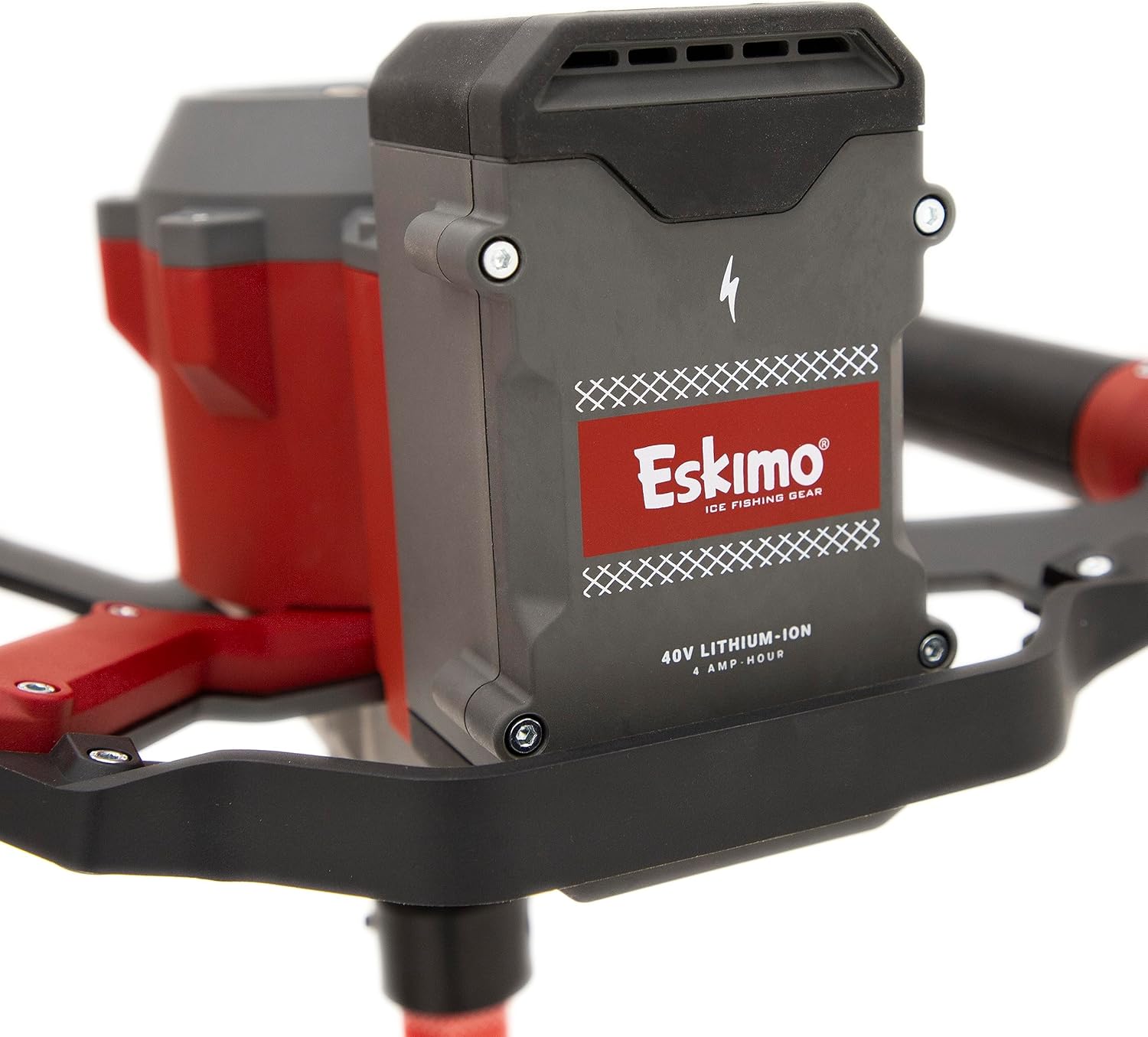 Eskimo E40 Electric Ice Fishing Auger, Full Power 40v Lithium-ion Battery, Lightweight Powerhead, Turbo Cutting System, Multi-Edge Blades, Red