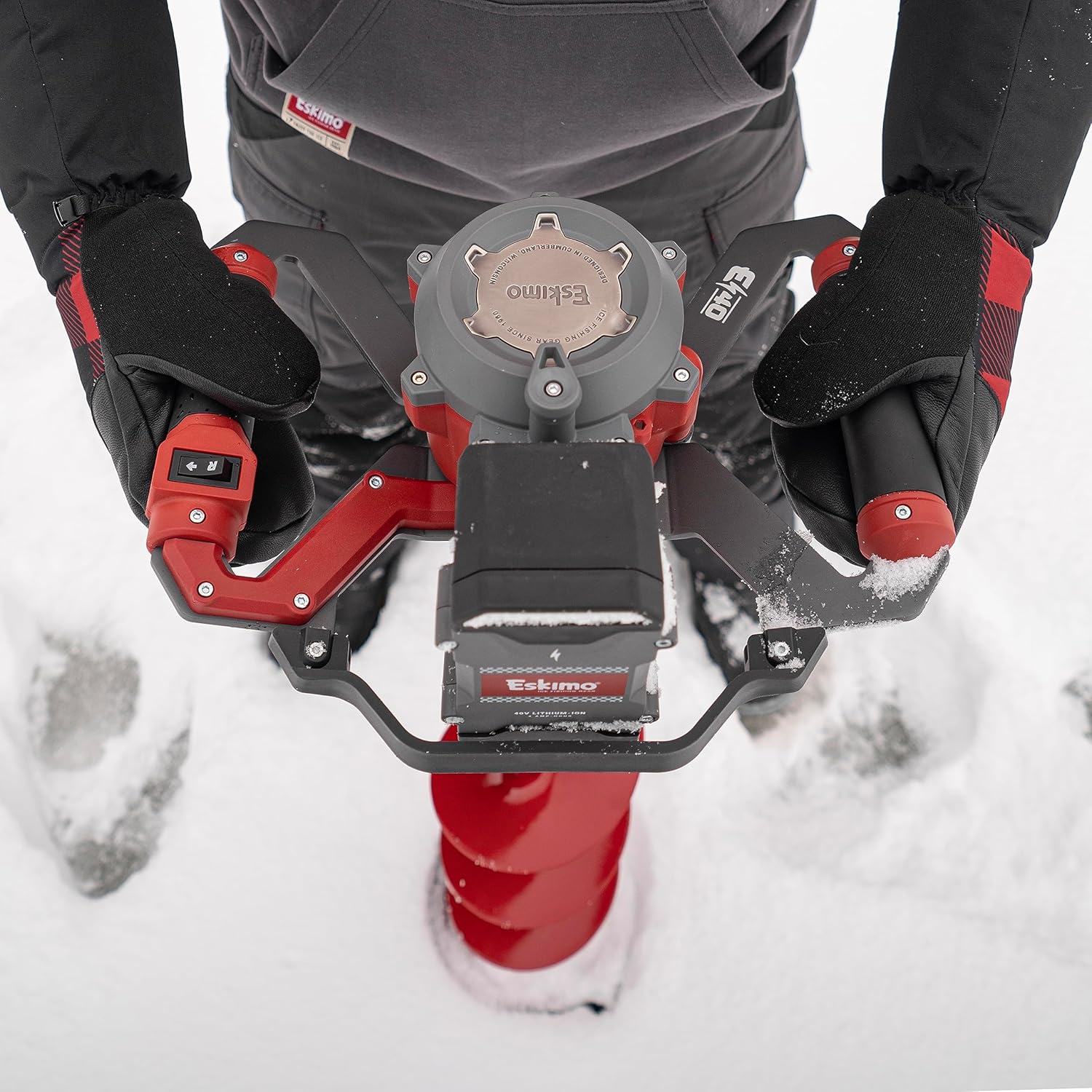 Eskimo E40 Electric Ice Fishing Auger, Full Power 40v Lithium-ion Battery, Lightweight Powerhead, Turbo Cutting System, Multi-Edge Blades, Red