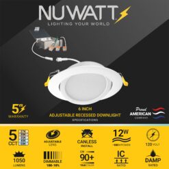 NUWATT Ultra Slim Gimbal Adjustable Lens White 6-in 1050 -Lumens Switchable Round Dimmable LED Canless Damp rated Recessed Downlight 12 -Pack