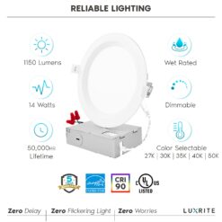 Luxrite White 6-in 1150 -Lumens Switchable white Round Dimmable LED Canless Damp rated Recessed Downlight 12 -Pack