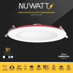 NUWATT 2 Hour Fire Rated Lights White 6-in 1200 -Lumens Switchable Round Dimmable LED Canless Wet rated Recessed Downlight 12 -Pack