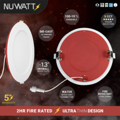 NUWATT 2 Hour Fire Rated Lights White 6-in 1200 -Lumens Switchable Round Dimmable LED Canless Wet rated Recessed Downlight 12 -Pack