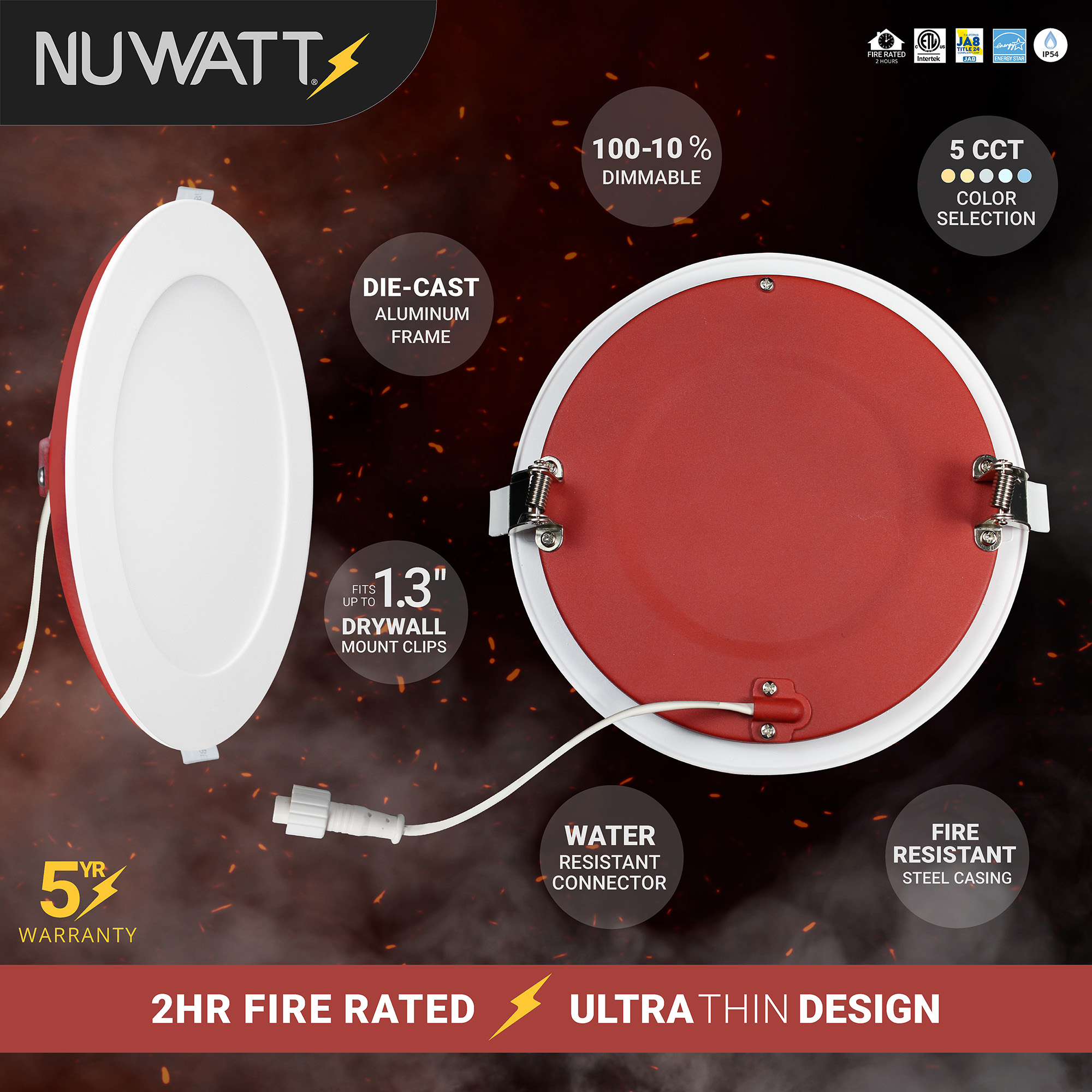 NUWATT 2 Hour Fire Rated Lights White 6-in 1200 -Lumens Switchable Round Dimmable LED Canless Wet rated Recessed Downlight 12 -Pack
