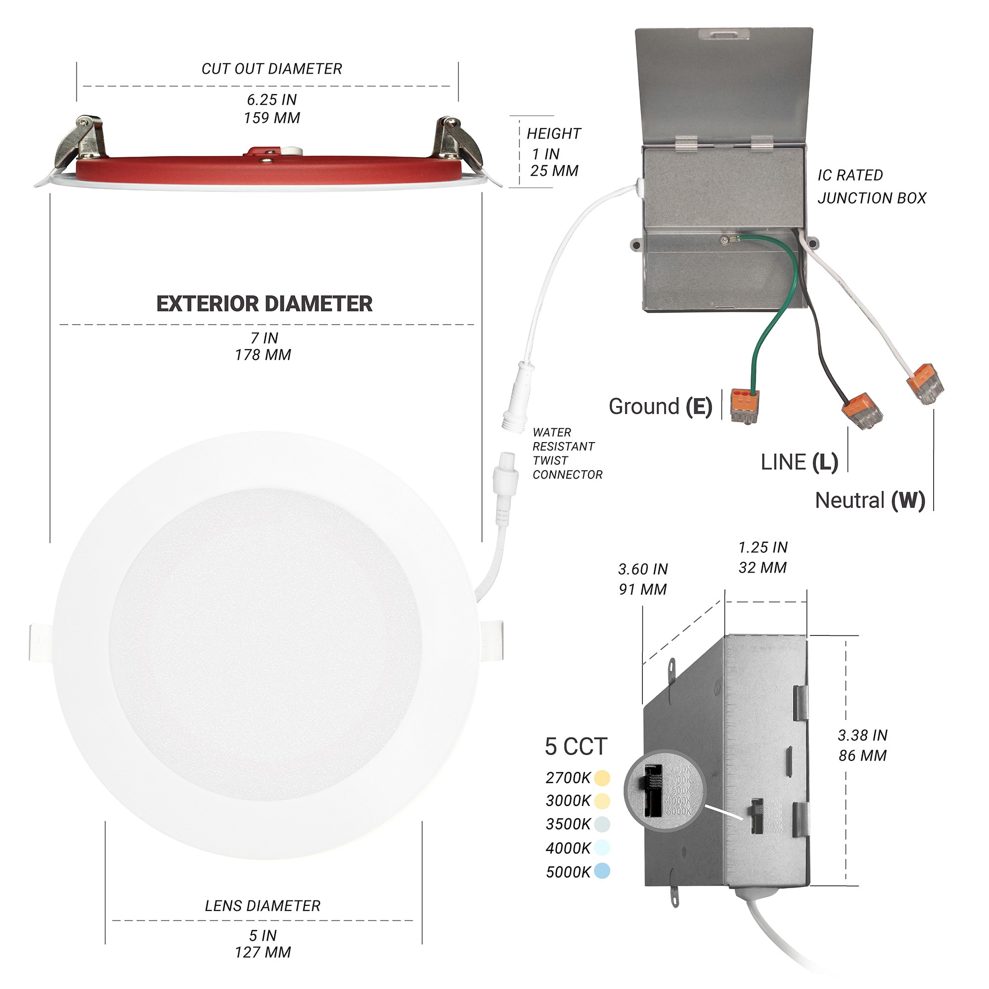 NUWATT 2 Hour Fire Rated Lights White 6-in 1200 -Lumens Switchable Round Dimmable LED Canless Wet rated Recessed Downlight 12 -Pack