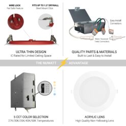NUWATT 2 Hour Fire Rated Lights White 6-in 1200 -Lumens Switchable Round Dimmable LED Canless Wet rated Recessed Downlight 12 -Pack