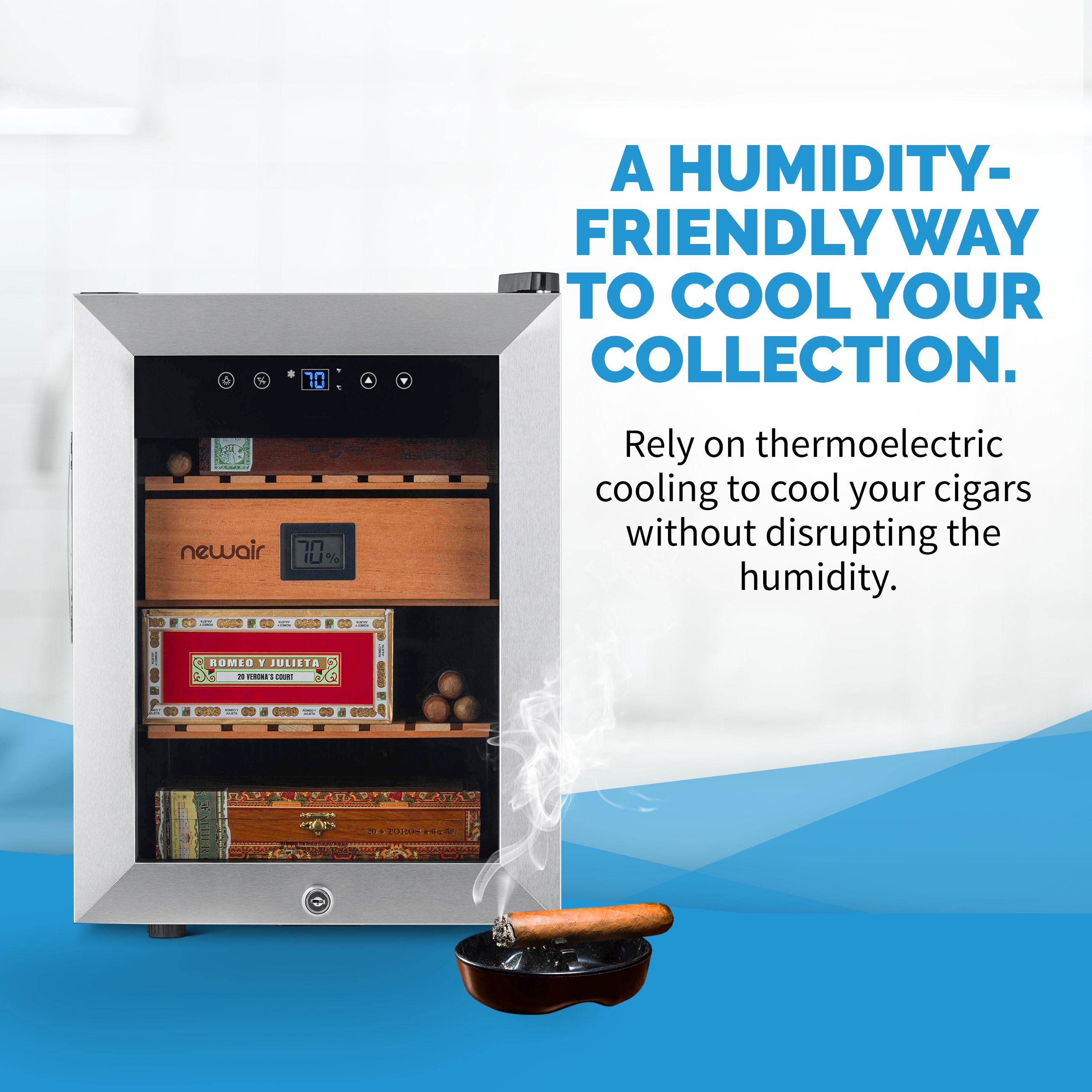 NewAir 18.50-in x 13.60-in x 19.30-in Stainless Steel Freestanding Table humidor with Digital Hygrometer (Holds 250 Cigars)