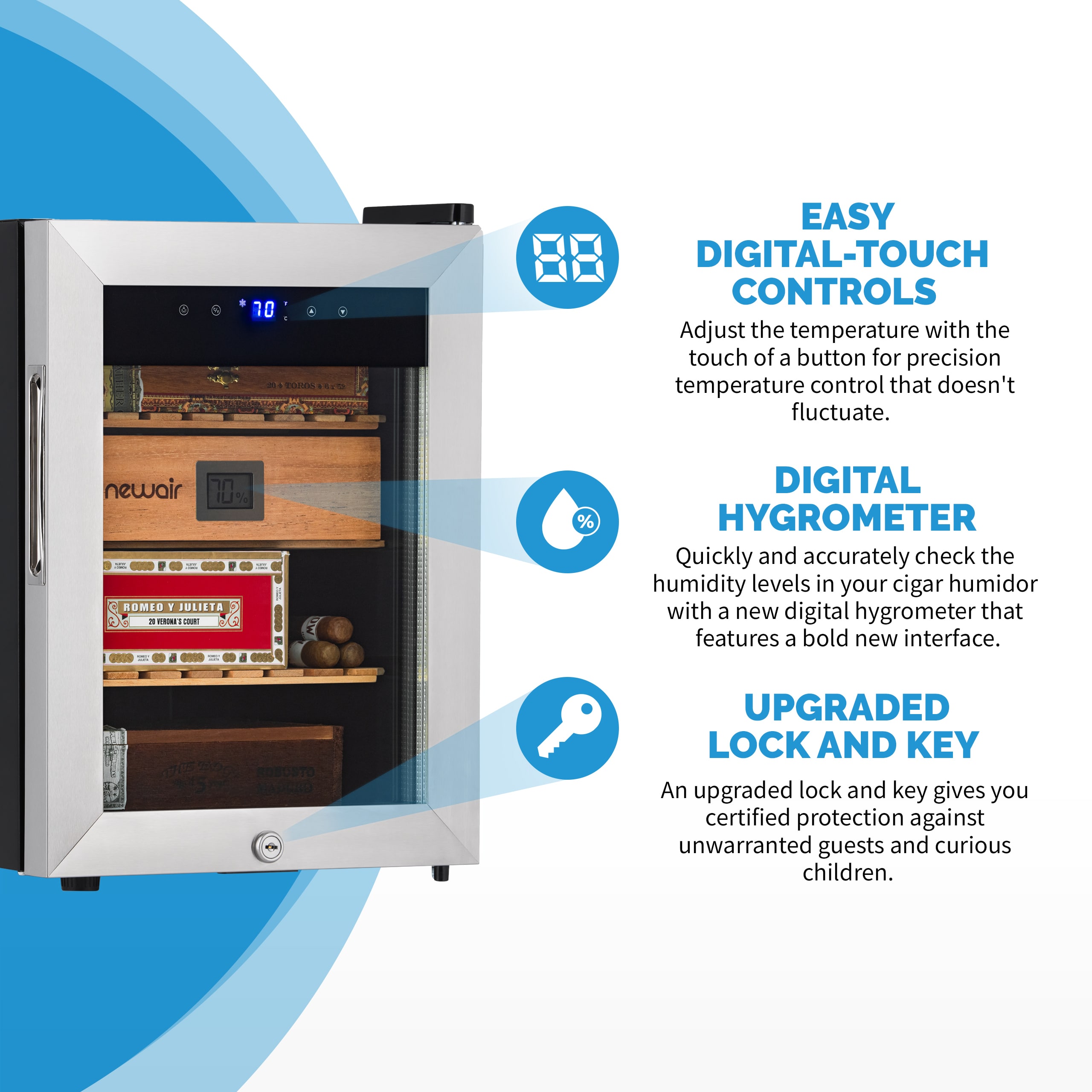NewAir 18.50-in x 13.60-in x 19.30-in Stainless Steel Freestanding Table humidor with Digital Hygrometer (Holds 250 Cigars)