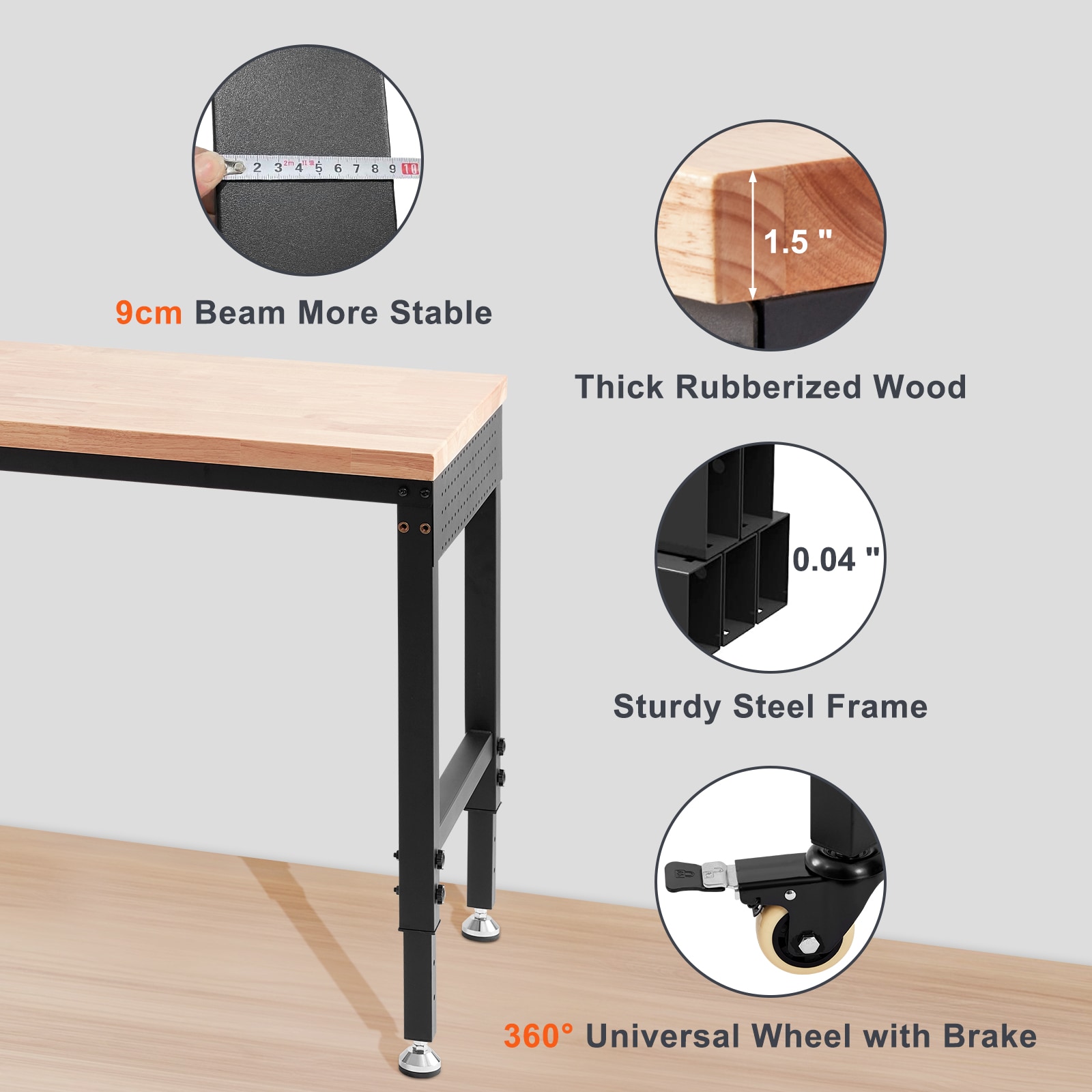VEVOR Adjustable Workbench 72in L X 25in W Garage Worktable with Universal Wheels 28-39.5in Heights and 3000 LBS Load Capacity with Power Outlets and Hardwood Top and Storage and Foot Pads for Office Home