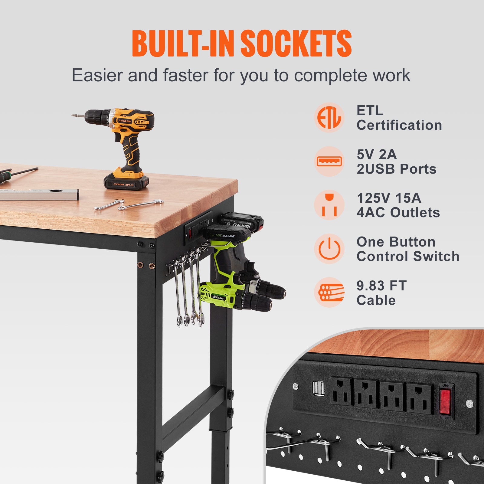 VEVOR Adjustable Workbench 72in L X 25in W Garage Worktable with Universal Wheels 28-39.5in Heights and 3000 LBS Load Capacity with Power Outlets and Hardwood Top and Storage and Foot Pads for Office Home