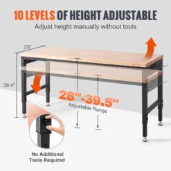 VEVOR Adjustable Workbench 72in L X 25in W Garage Worktable with Universal Wheels 28-39.5in Heights and 3000 LBS Load Capacity with Power Outlets and Hardwood Top and Storage and Foot Pads for Office Home