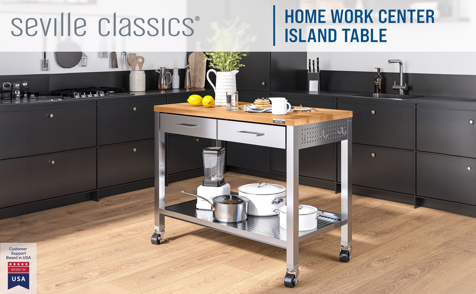 Seville Classics 48-in L x 36-in H 2 -Drawers Rolling Stainless Steel Wood Work Bench
