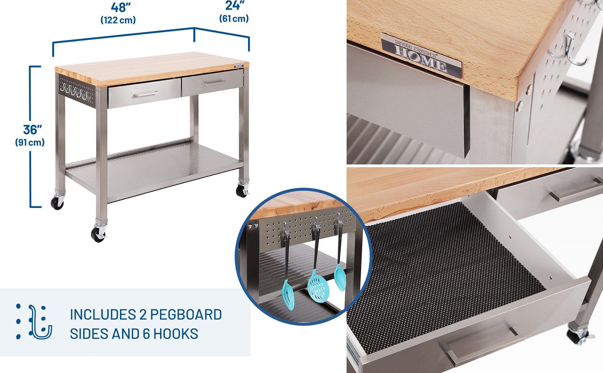 Seville Classics 48-in L x 36-in H 2 -Drawers Rolling Stainless Steel Wood Work Bench