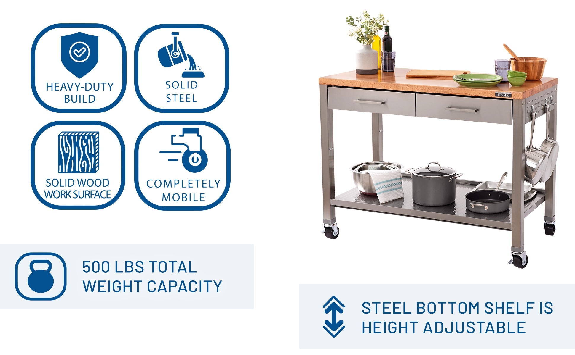 Seville Classics 48-in L x 36-in H 2 -Drawers Rolling Stainless Steel Wood Work Bench