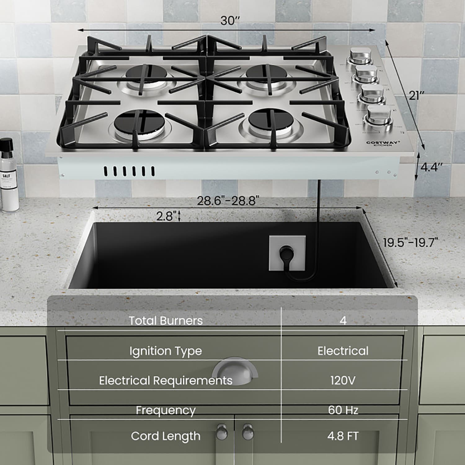 GZMR 30 Inch Gas Cooktop with 4 Powerful Burners and ABS Knobs 30-in 4 burners Stainless steel Gas Cooktop