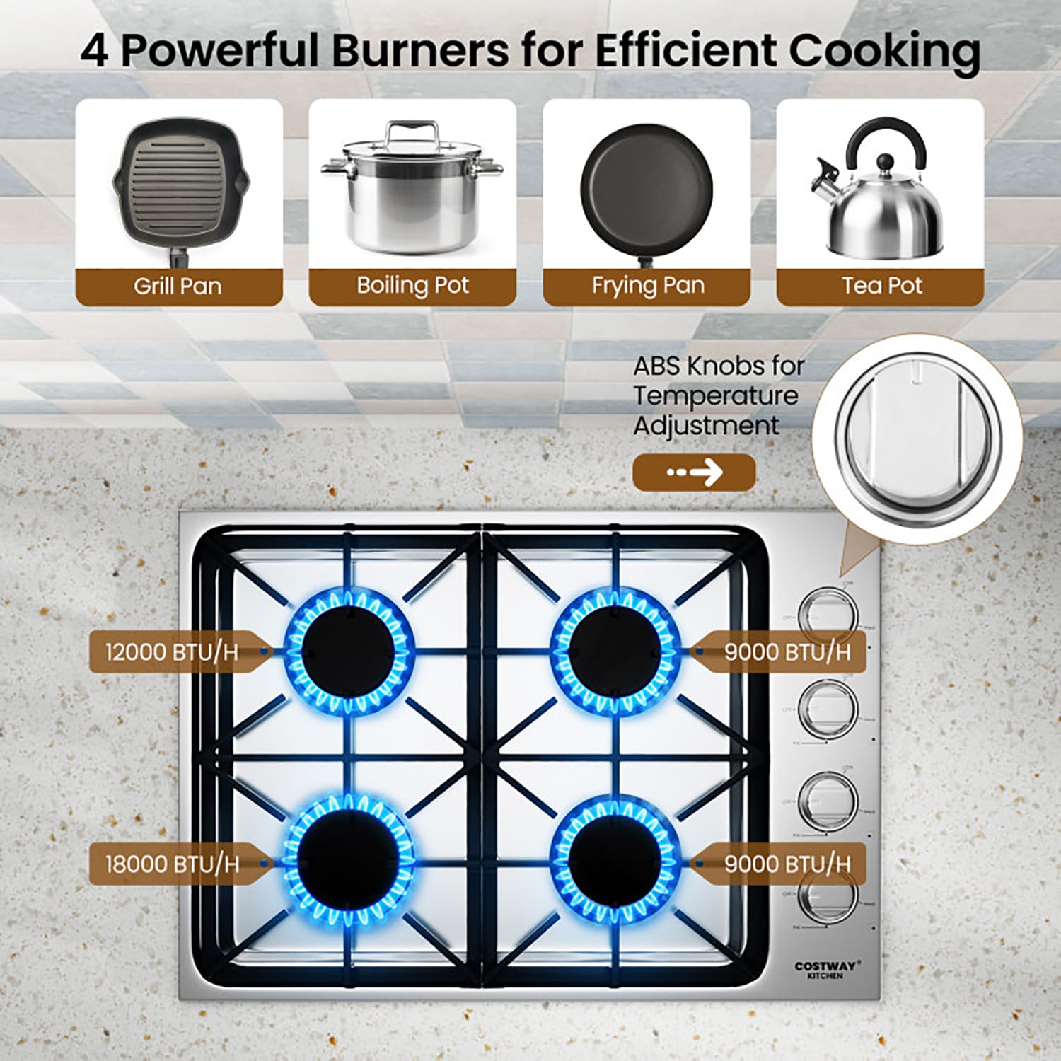 GZMR 30 Inch Gas Cooktop with 4 Powerful Burners and ABS Knobs 30-in 4 burners Stainless steel Gas Cooktop