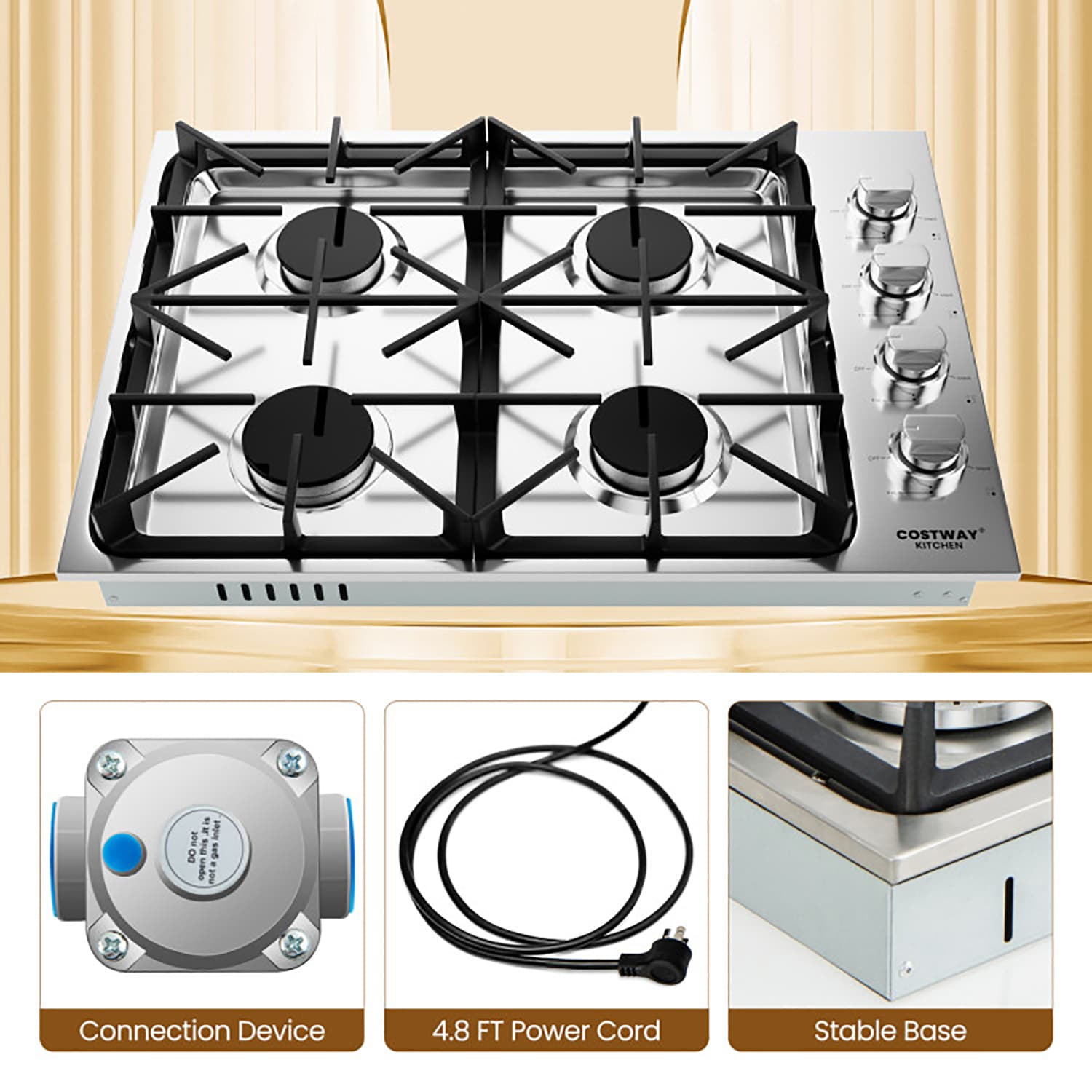 GZMR 30 Inch Gas Cooktop with 4 Powerful Burners and ABS Knobs 30-in 4 burners Stainless steel Gas Cooktop