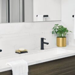 Moen Align Matte Black Single hole 1-handle WaterSense Low-arc Residential Handle Bathroom Sink Faucet with Drain with Deck Plate