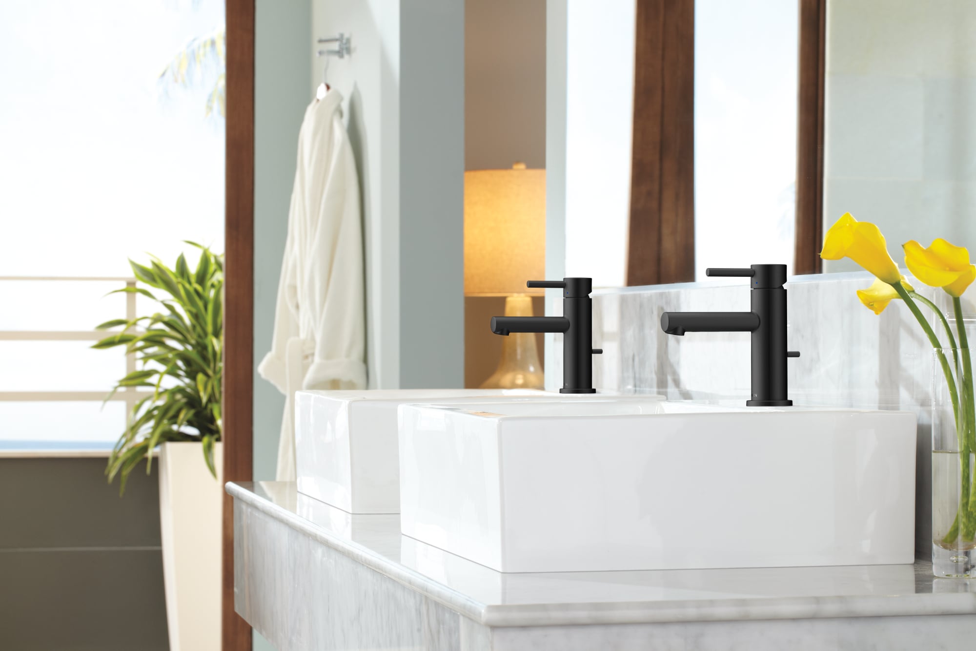 Moen Align Matte Black Single hole 1-handle WaterSense Low-arc Residential Handle Bathroom Sink Faucet with Drain with Deck Plate
