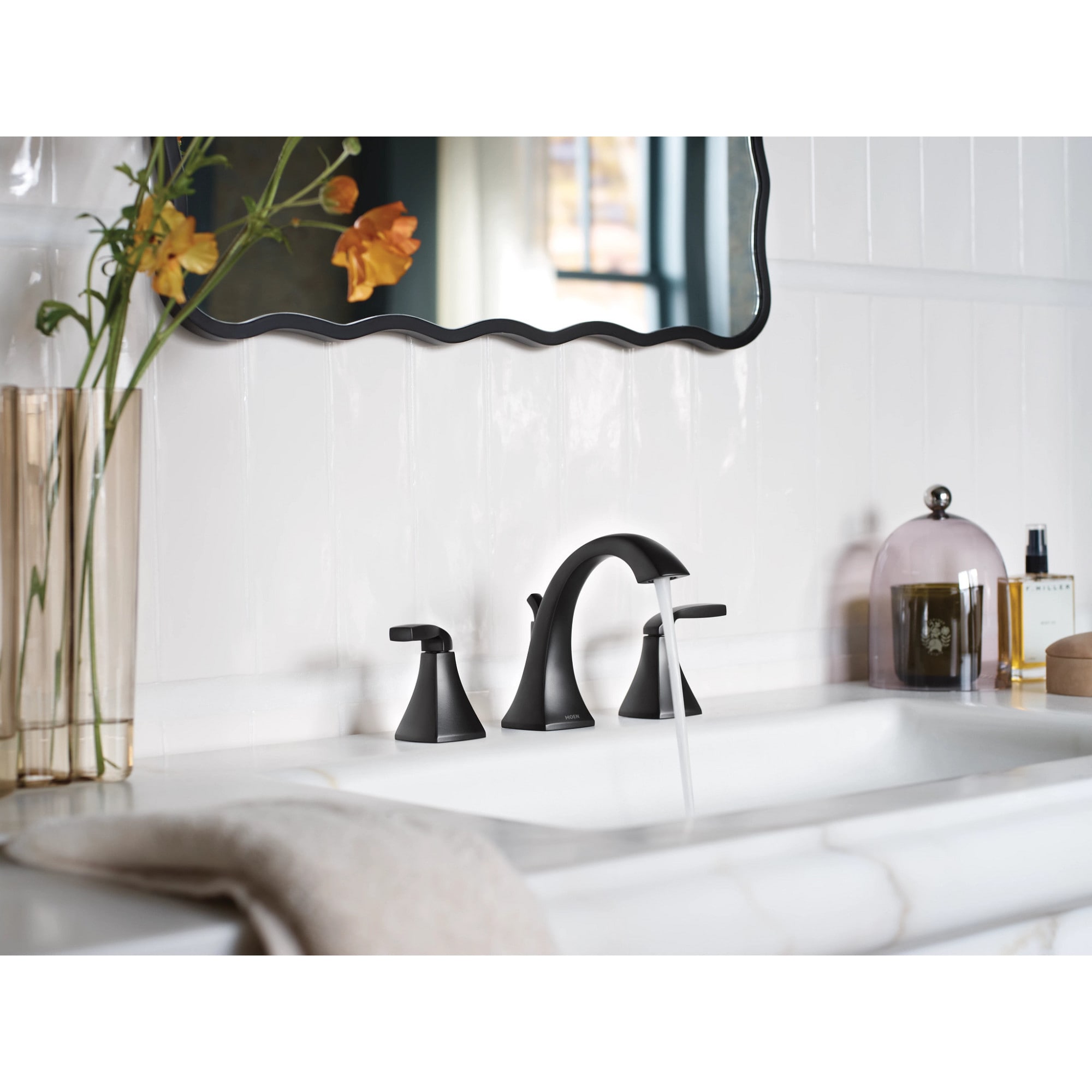Moen Matte Black Widespread 2-handle WaterSense Mid-arc Commercial/Residential Handle Bathroom Sink Faucet with Drain
