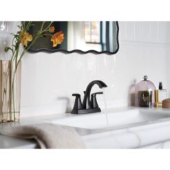 Moen Matte Black 4-in centerset 2-handle WaterSense High-arc Commercial/Residential Handle Bathroom Sink Faucet with Drain with Deck Plate