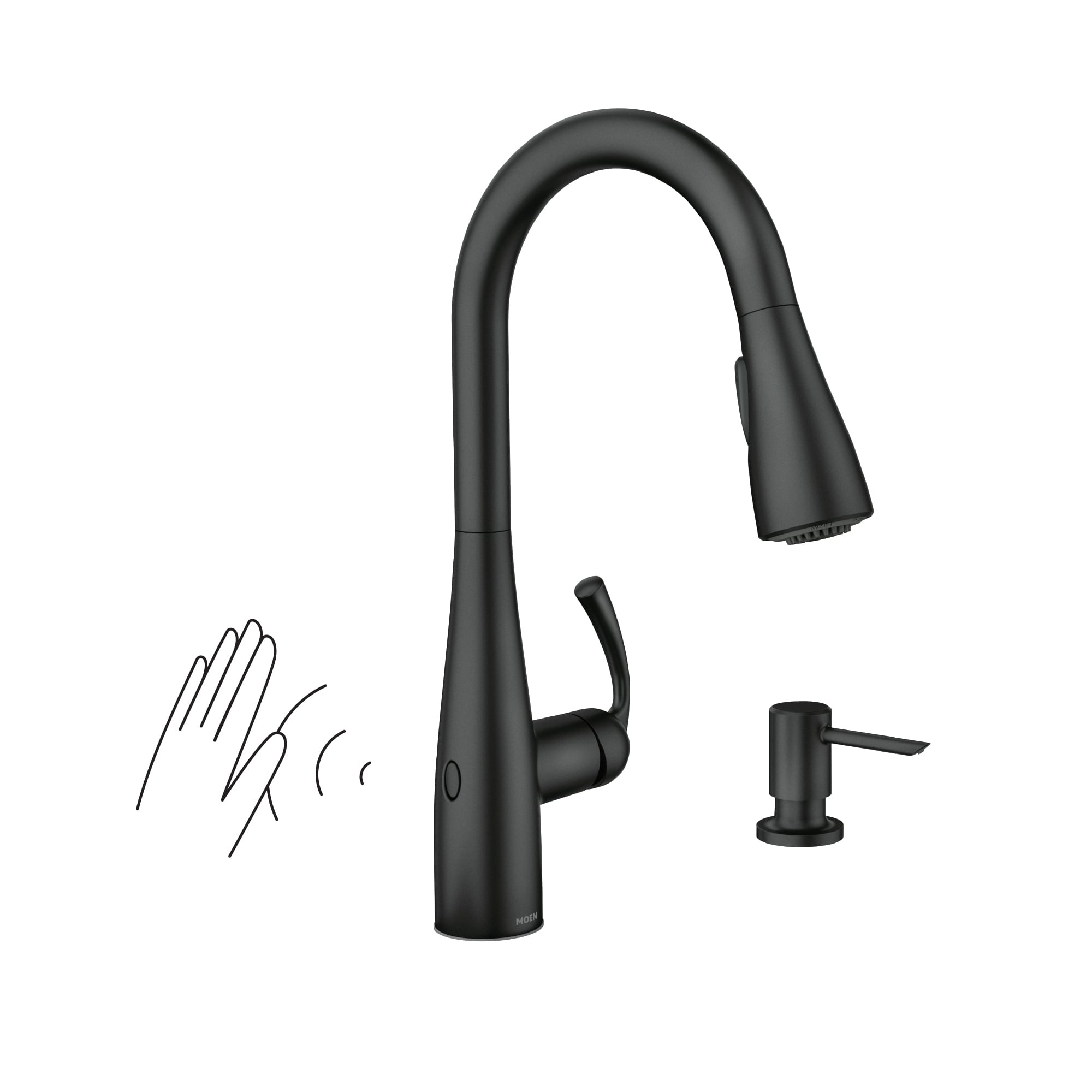 Moen Essie Matte Black Single Handle Deck-mount Touchless Pull-down Kitchen Faucet with Sprayer (Includes Deck Plate) (Includes Soap Dispenser)