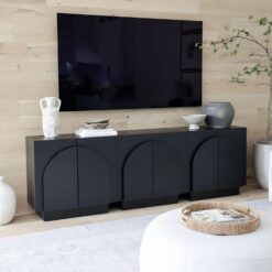 Nathan James Iris Mid-Century Modern Credenza, Black Sideboard Buffet, Living Room Wood Storage Cabinet with Arched Cabinet Doors, Black Credenza Cabinet for Kitchen or Living Room, Black Oak