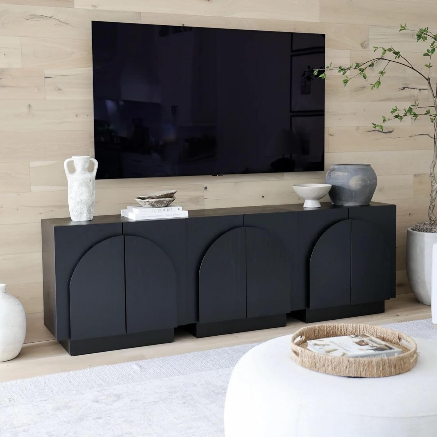 Nathan James Iris Mid-Century Modern Credenza, Black Sideboard Buffet, Living Room Wood Storage Cabinet with Arched Cabinet Doors, Black Credenza Cabinet for Kitchen or Living Room, Black Oak