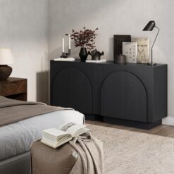 Nathan James Iris Mid-Century Modern Credenza, Black Sideboard Buffet, Living Room Wood Storage Cabinet with Arched Cabinet Doors, Black Credenza Cabinet for Kitchen or Living Room, Black Oak